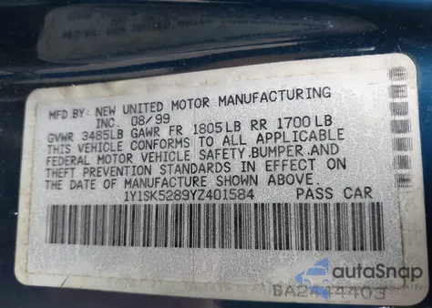 2000 Chevrolet Prizm из США, поврежденный, VIN 1Y1SK5289YZ401584